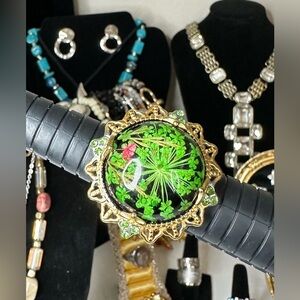 Vintage Gold & Green Dried Flower Glass Dome Ring Silver & Gold toned S.Steel